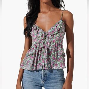 RUFFLE TIE FLORAL CAMISOLE IN TURQ-PINK FLORAL,Size S